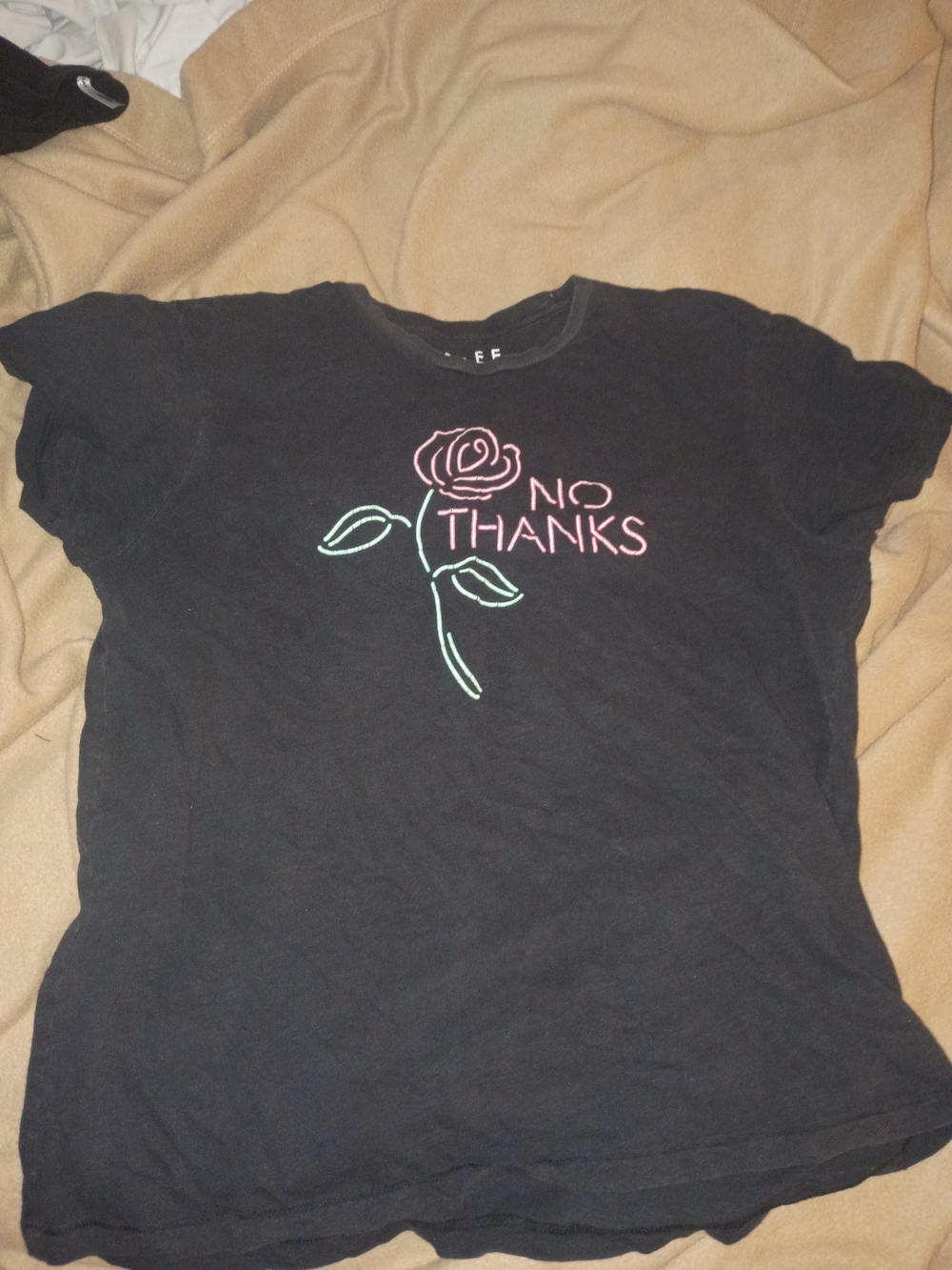 Black Tee with Pink Rose and "No Thanks" Embroidery